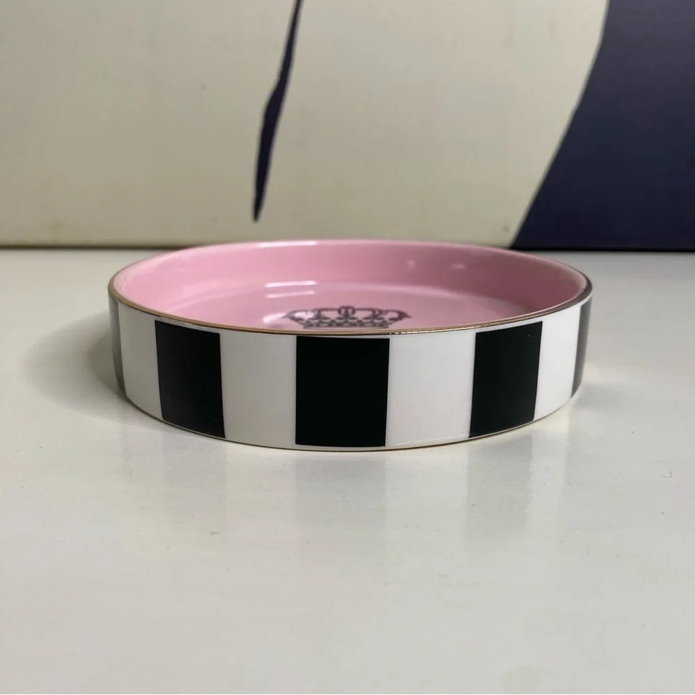 Juicy Couture Pink Jewelry Trinket Dish Tray with Black and White Stripes New